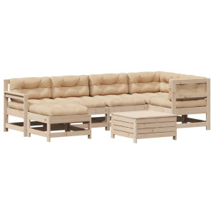 Juego de muebles de jardín 7 pzas y cojines madera maciza pino H