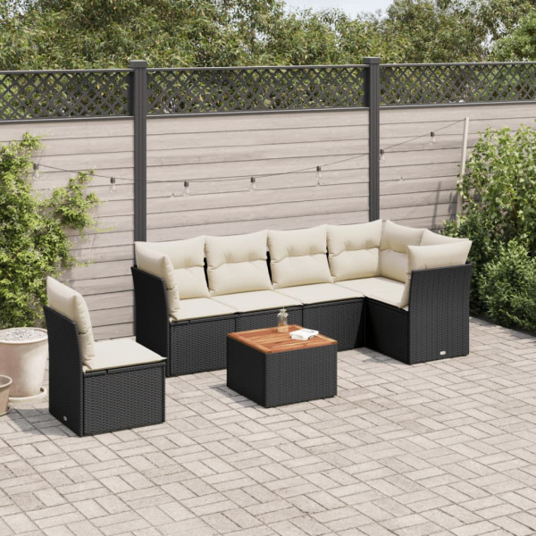 7 pcs conjunto de sofás p/ jardim c/ almofadões vime PE preto D