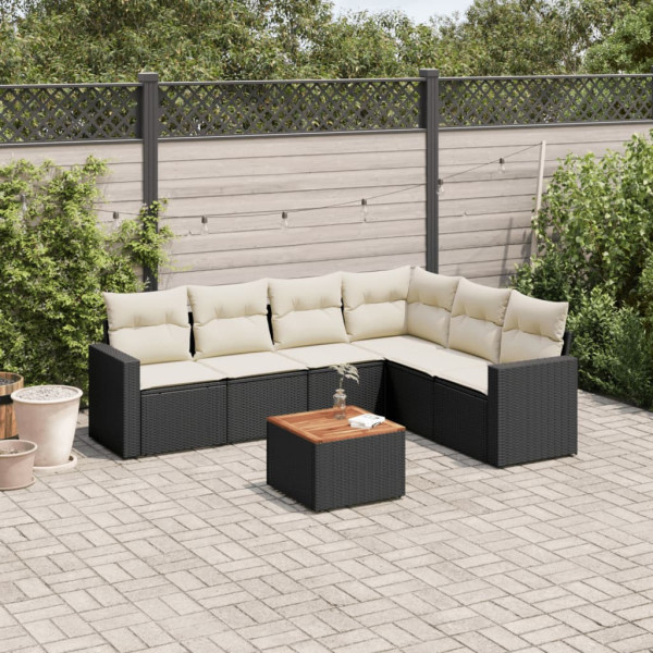7 pcs conjunto de sofás p/ jardim c/ almofadões vime PE preto D
