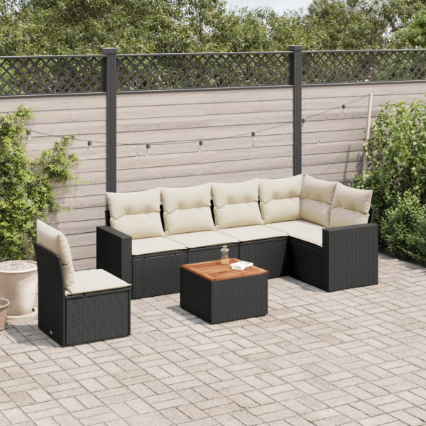 7 pcs conjunto de sofás p/ jardim c/ almofadões vime PE preto D