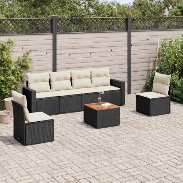 Set de comedor de jardín 7 pzas y cojines ratán sintético negro D