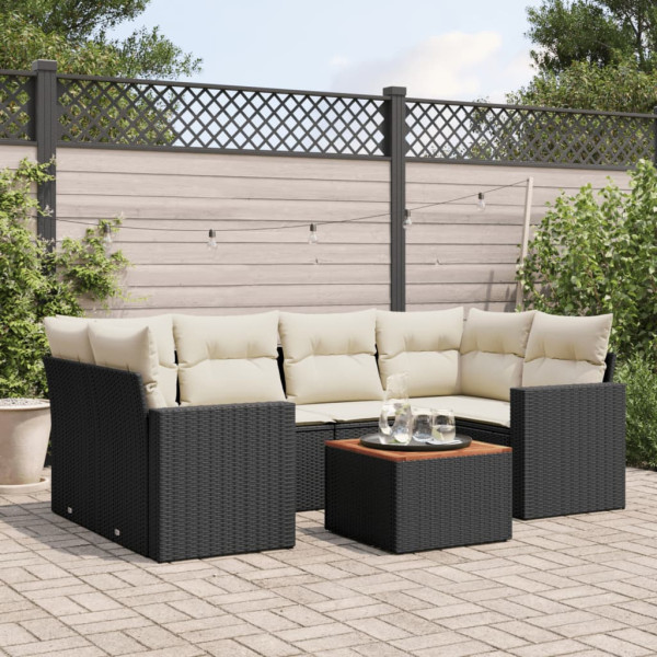 7 pcs conjunto de sofás p/ jardim c/ almofadões vime PE preto D