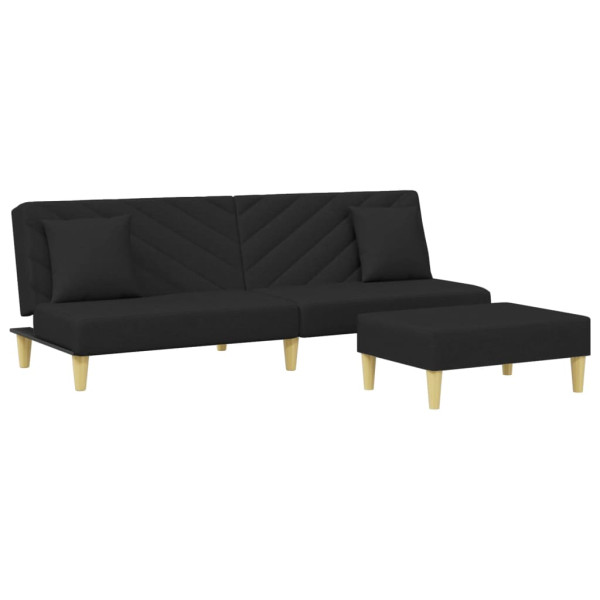 Sofá cama de 2 plazas con almohadas y taburete tela negro M 2