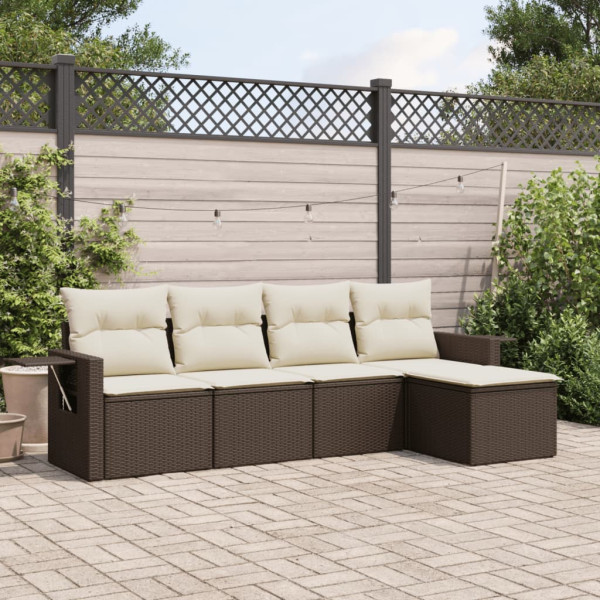 5 pcs conjunto sofás p/ jardim c/ almofadões vime PE castanho D