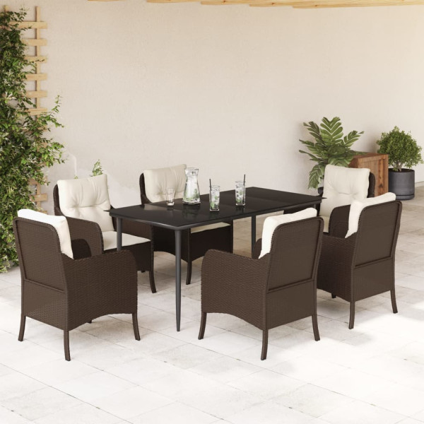 Set comedor de jardín 7 pzas con cojines ratán sintético marrón D