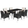 7 pcs conjunto de jantar p/ jardim c/ almofadões vime PE preto 2