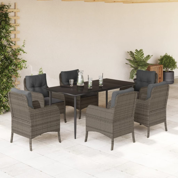 7 pcs conjunto de jantar p/ jardim c/ almofadões vime PE cinza D