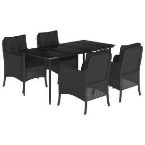 5 pcs conjunto de jantar p/ jardim c/ almofadões vime PE preto H