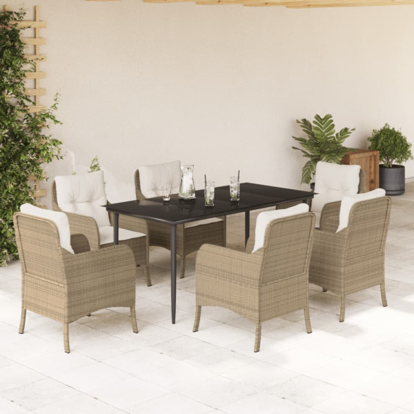 Set comedor de jardín 7 pzas con cojines ratán sintético beige D