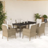 7 pcs conjunto de jantar p/ jardim com almofadões vime PE bege 1