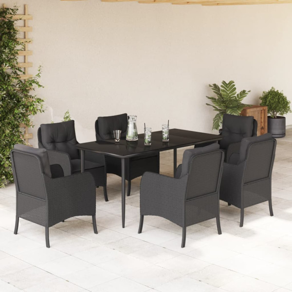 7 pcs conjunto de jantar p/ jardim c/ almofadões vime PE preto D