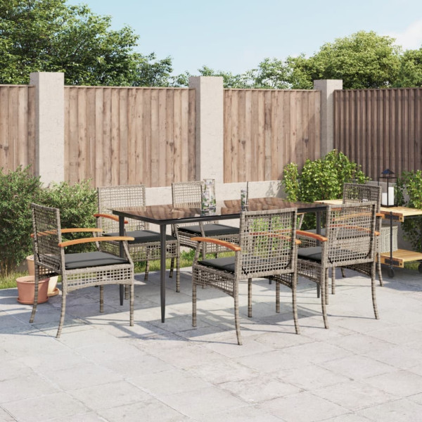 7 pcs conjunto de jantar p/ jardim c/ almofadões vime PE cinza D