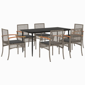 Set comedor jardín 7 pzas y cojines ratán sintético gris H