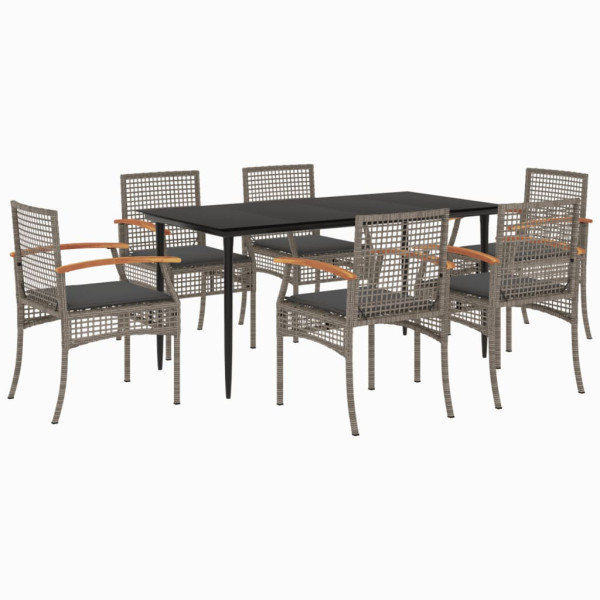 7 pcs conjunto de jantar p/ jardim c/ almofadões vime PE cinza M 2