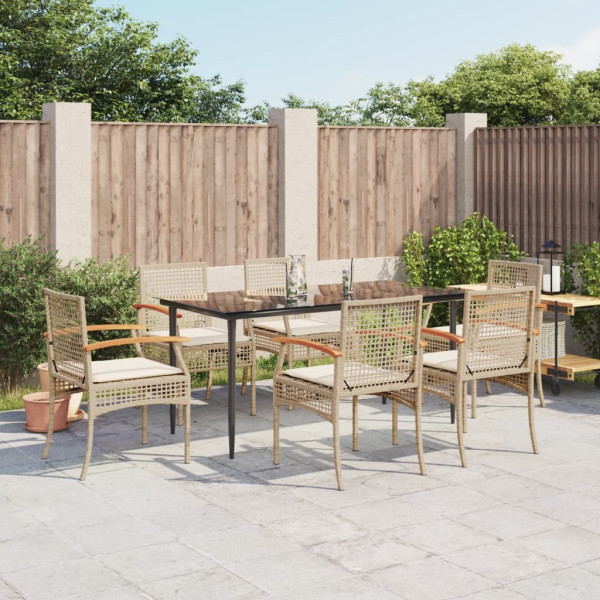 7 pcs conjunto de jantar p/ jardim com almofadões vime PE bege D