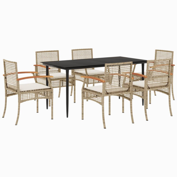 Set comedor de jardín 7 pzas con cojines ratán sintético beige M 2
