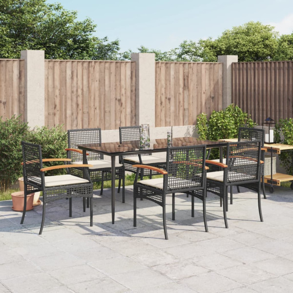 7 pcs conjunto de jantar p/ jardim c/ almofadões vime PE preto D