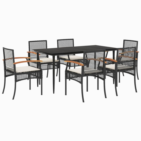7 pcs conjunto de jantar p/ jardim c/ almofadões vime PE preto M 2