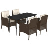 5 pcs conjunto jantar p/ jardim c/ almofadões vime PE castanho 2