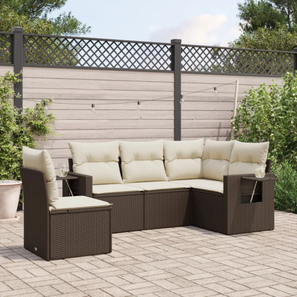 5 pcs conjunto sofás p/ jardim c/ almofadões vime PE castanho D