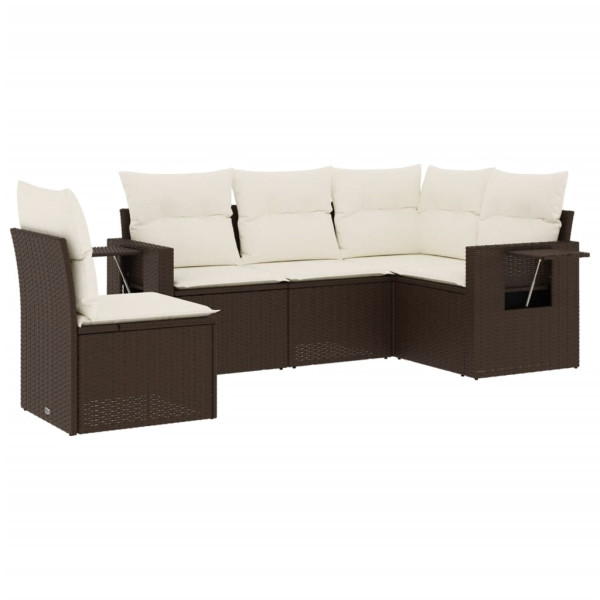 5 pcs conjunto sofás p/ jardim c/ almofadões vime PE castanho M 2
