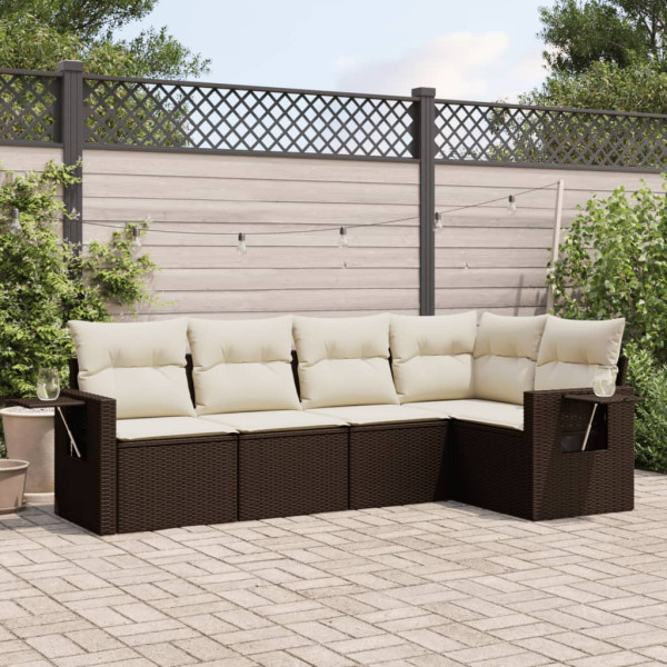 5 pcs conjunto sofás p/ jardim c/ almofadões vime PE castanho D