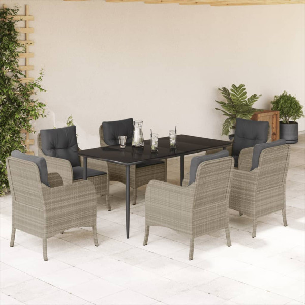 Set comedor jardín 7 pzas y cojines ratán sintético gris claro D