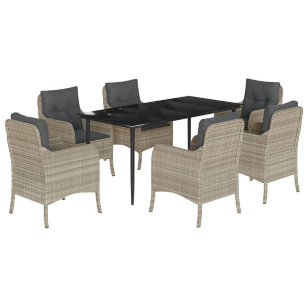 7 pcs conj. jantar p/ jardim c/ almofadões vime PE cinza-claro M 2