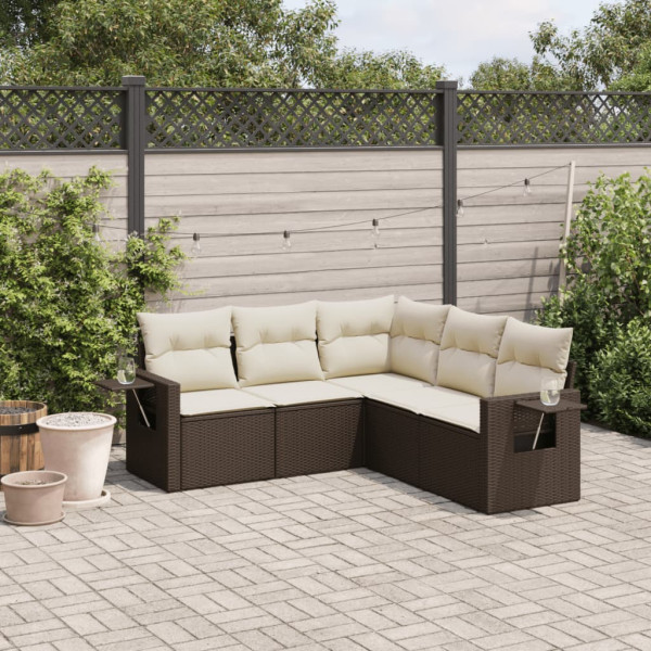 5 pcs conjunto sofás p/ jardim c/ almofadões vime PE castanho D