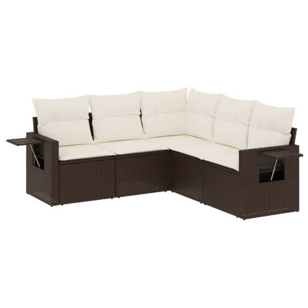 5 pcs conjunto sofás p/ jardim c/ almofadões vime PE castanho M 2