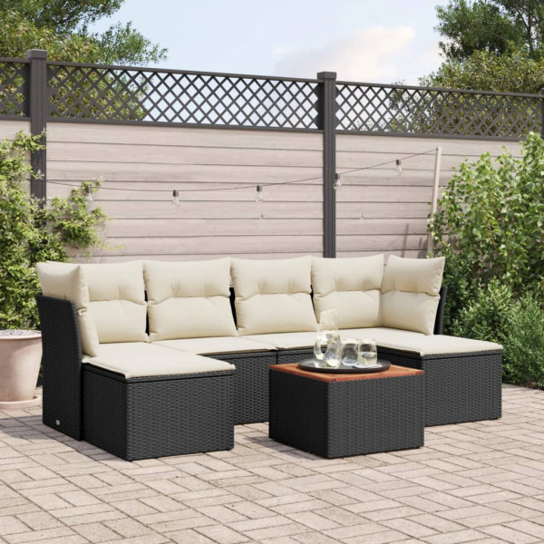 7 pcs conjunto de sofás p/ jardim c/ almofadões vime PE preto D