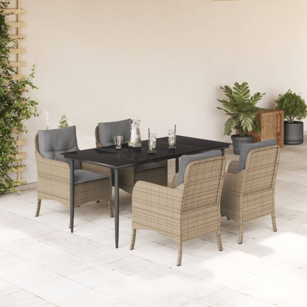 5 pcs conjunto de jantar p/ jardim com almofadões vime PE bege D