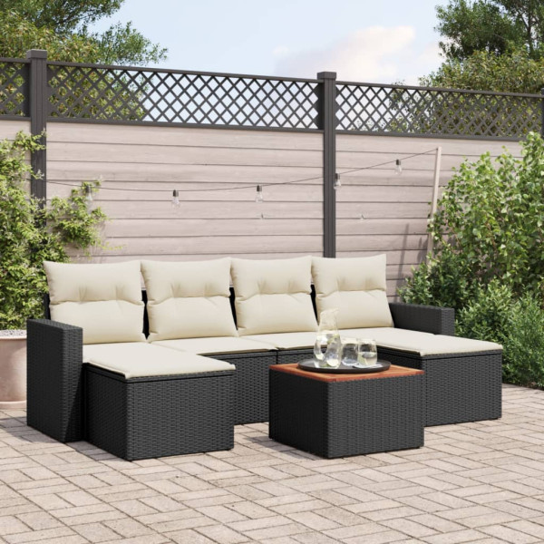 7 pcs conjunto de sofás p/ jardim c/ almofadões vime PE preto D