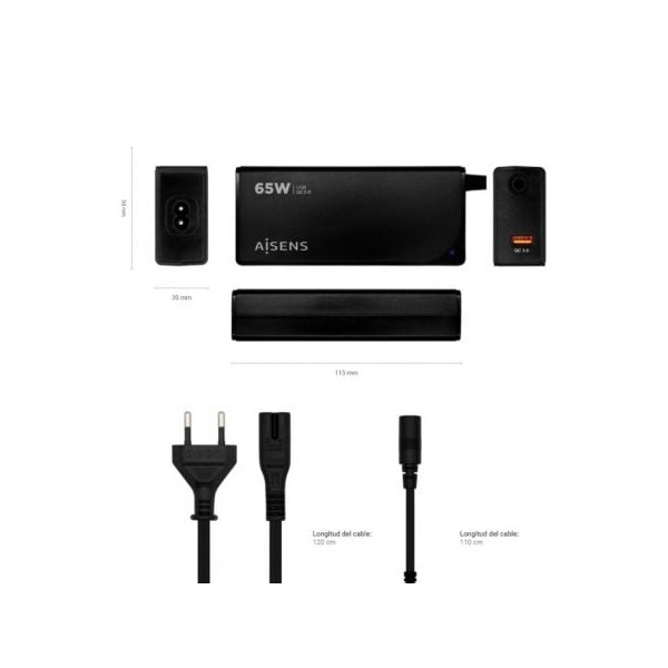 Cargador de Portátil Aisens ASLC-65WAUTO-BK 9 conectores voltaje 18.5-20V/ 1 USB QC3.0 M 4