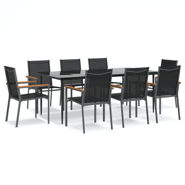 Juego de comedor para jardín 9 piezas acero y textilene negro M 2