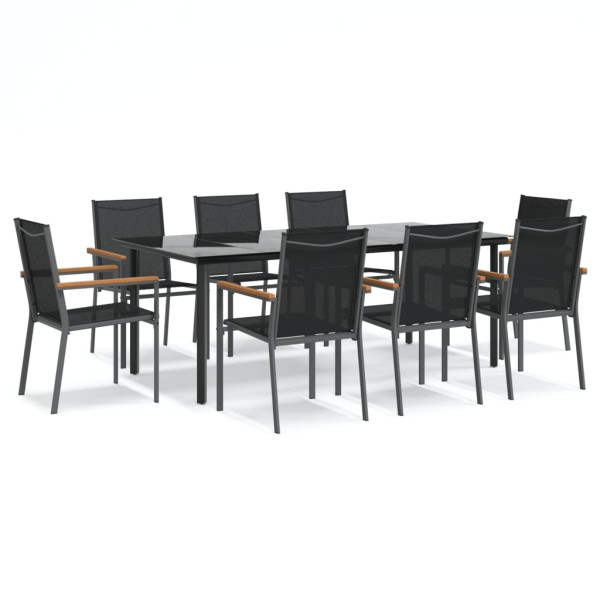 Juego de comedor para jardín 9 piezas acero y textilene negro M 2