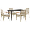 5 pcs conjunto de jantar p/ jardim com almofadões vime PE bege 2