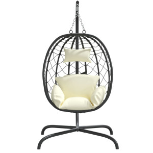 Cadeira forma ovo suspensa vime PE/aço c/ almofadão branco nata H