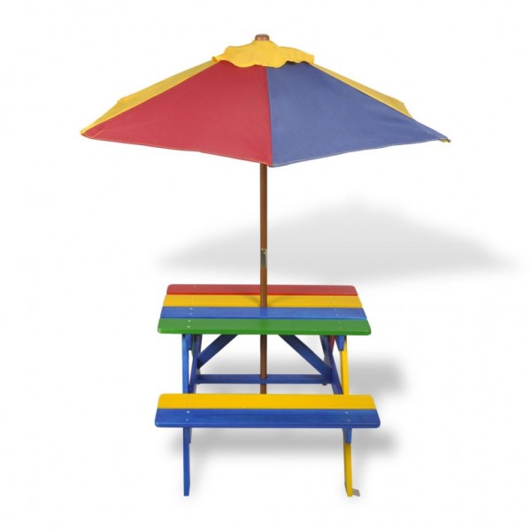 Mesa de picnic y bancos de niños y sombrilla madera multicolor M 3