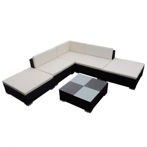 6 pcs conjunto lounge de jardim c/ almofadões vime PE preto M 2