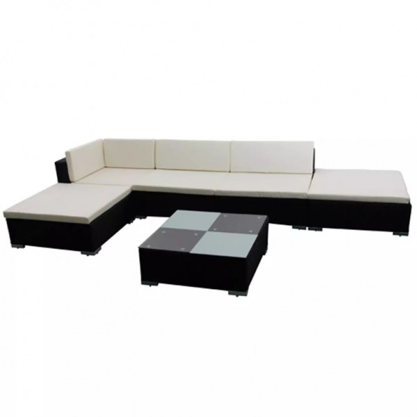 6 pcs conjunto lounge de jardim c/ almofadões vime PE preto D