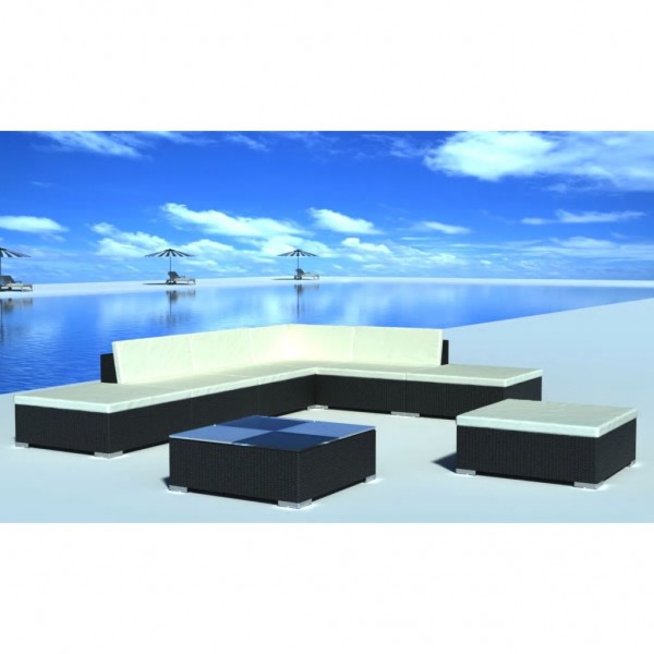 8 pcs conjunto lounge de jardim c/ almofadões vime PE preto D