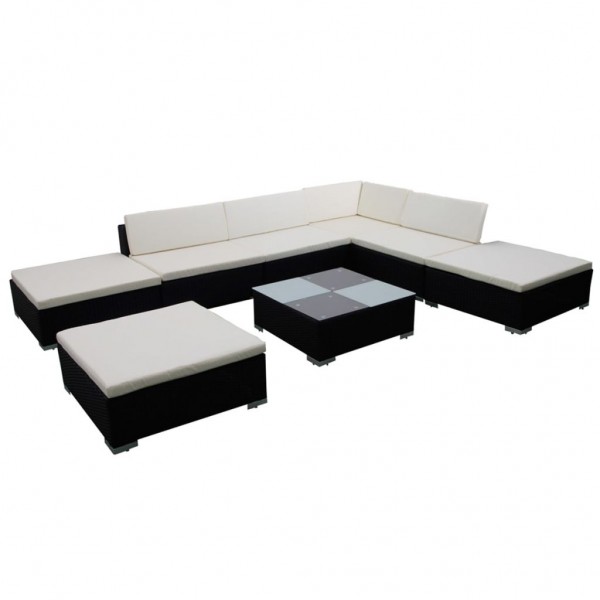 8 pcs conjunto lounge de jardim c/ almofadões vime PE preto M 2