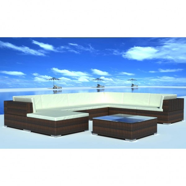 8 pcs conjunto lounge jardim c/ almofadões vime PE castanho M 3