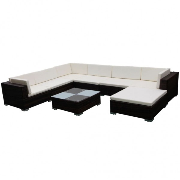 Set muebles de jardín 8 piezas y cojines ratán sintético marrón D