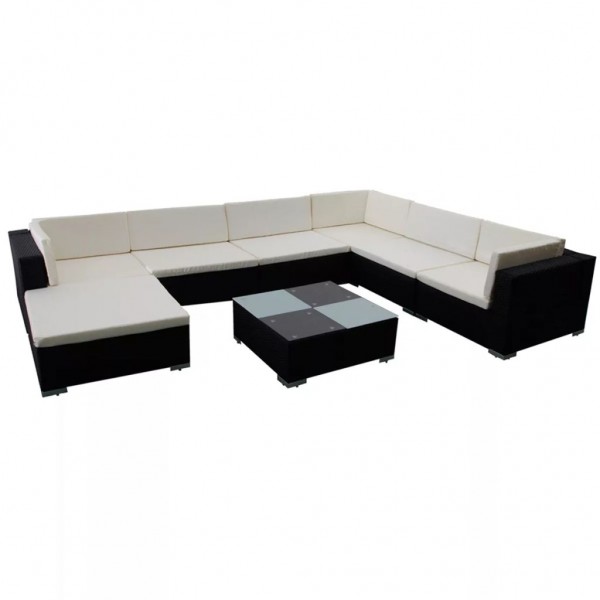 Set muebles de jardín 8 piezas y cojines ratán sintético negro M 1