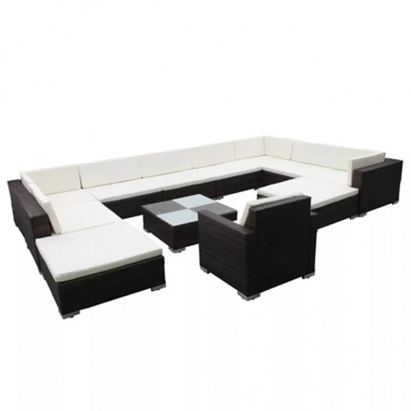 Set muebles de jardín y cojines 12 pzas ratán sintético marrón M 2
