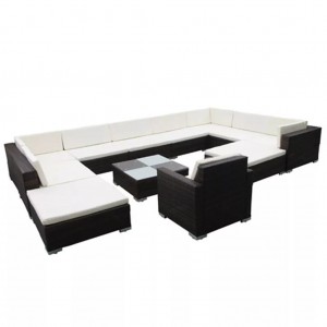 Set muebles de jardín 12 pzas y cojines ratán sintético negro H