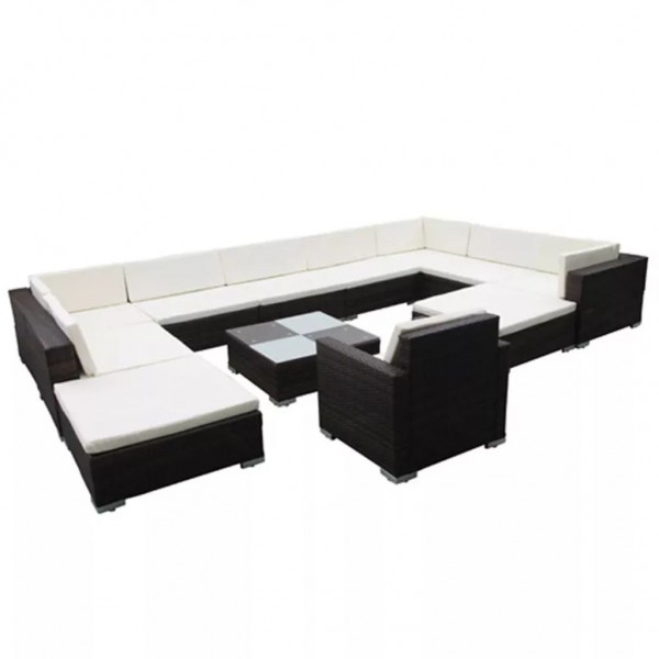 Set muebles de jardín 12 pzas y cojines ratán sintético negro M 2