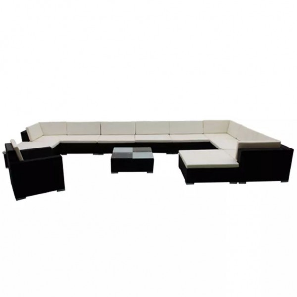 12 pcs conjunto lounge de jardim c/ almofadões vime PE preto M 3